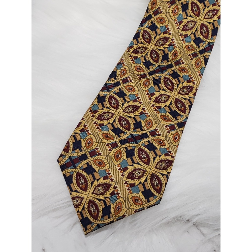 Vintage Burberrys Tie Navy Blue Gold Silk Geometric Art Deco Necktie
